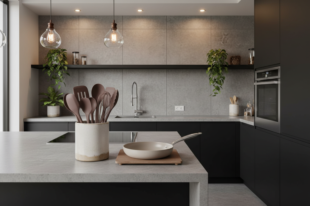 Cocina moderna con gabinetes negros y utensilios FOGO